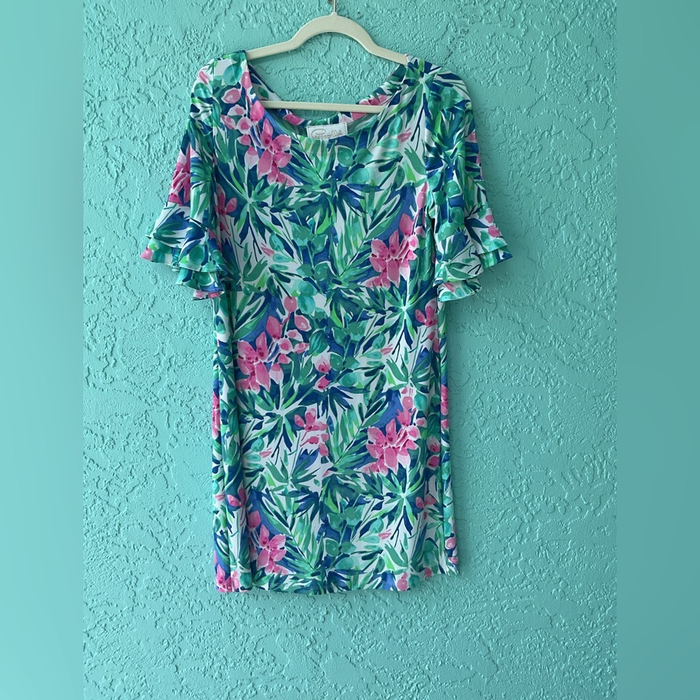 Pappagallo Erica Ruffle Sleeve Floral Green and Pink Dress Medium